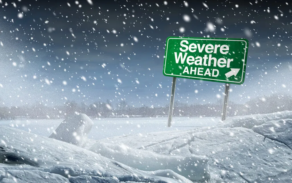 Severe winter Weather and extreme winter blizzard storm ahead as a very cold and windy warning sign as a meteorolgy and meteorological forecasting as a natural disaster snow fall as strong gusts of wind with 3D illustration elements.